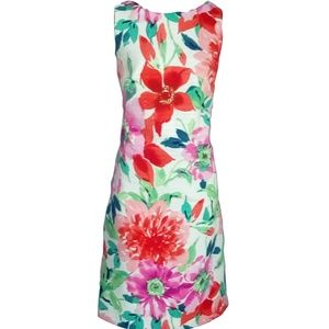 White Orange Pink Green Floral Print Shift Dress